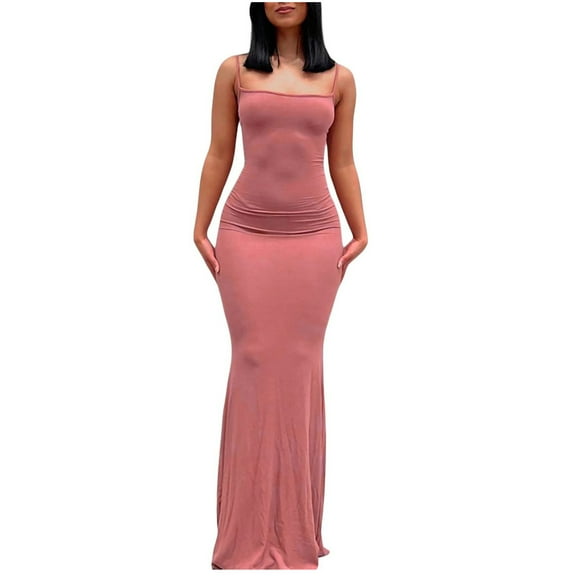 Rvkxad Womens Summer Dresses Maxi Bodycon Dress Sleeveless Long Dresses Club Party Slim Fitting Spaghetti Strap Tight Slip Sexy Dress Pink S