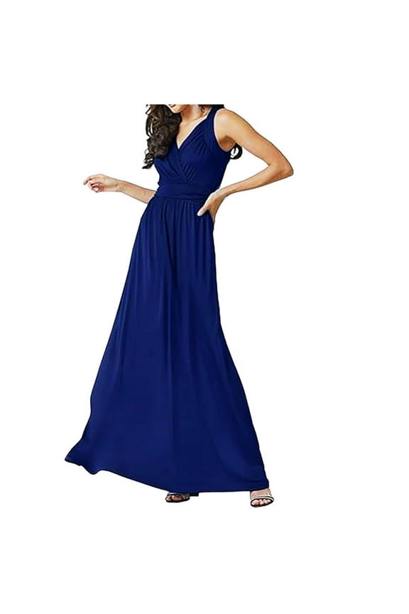 Womens Summer Dresses Wrap V Neck Sleeveless Empire Waist Cocktail Dresses Beach Summer Ruched Elegant Flowy A-Line Wedding Guest Sundress Blue L