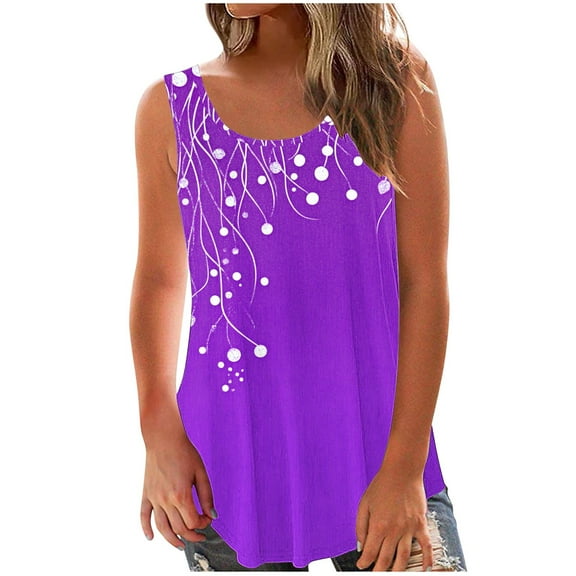 Rvkxad Womens Summer Tops Sleeveless Trendy Shirts Floral Print Loose Summer Crew Neck Basic T Shirts Blouses Gift for Her Purple S