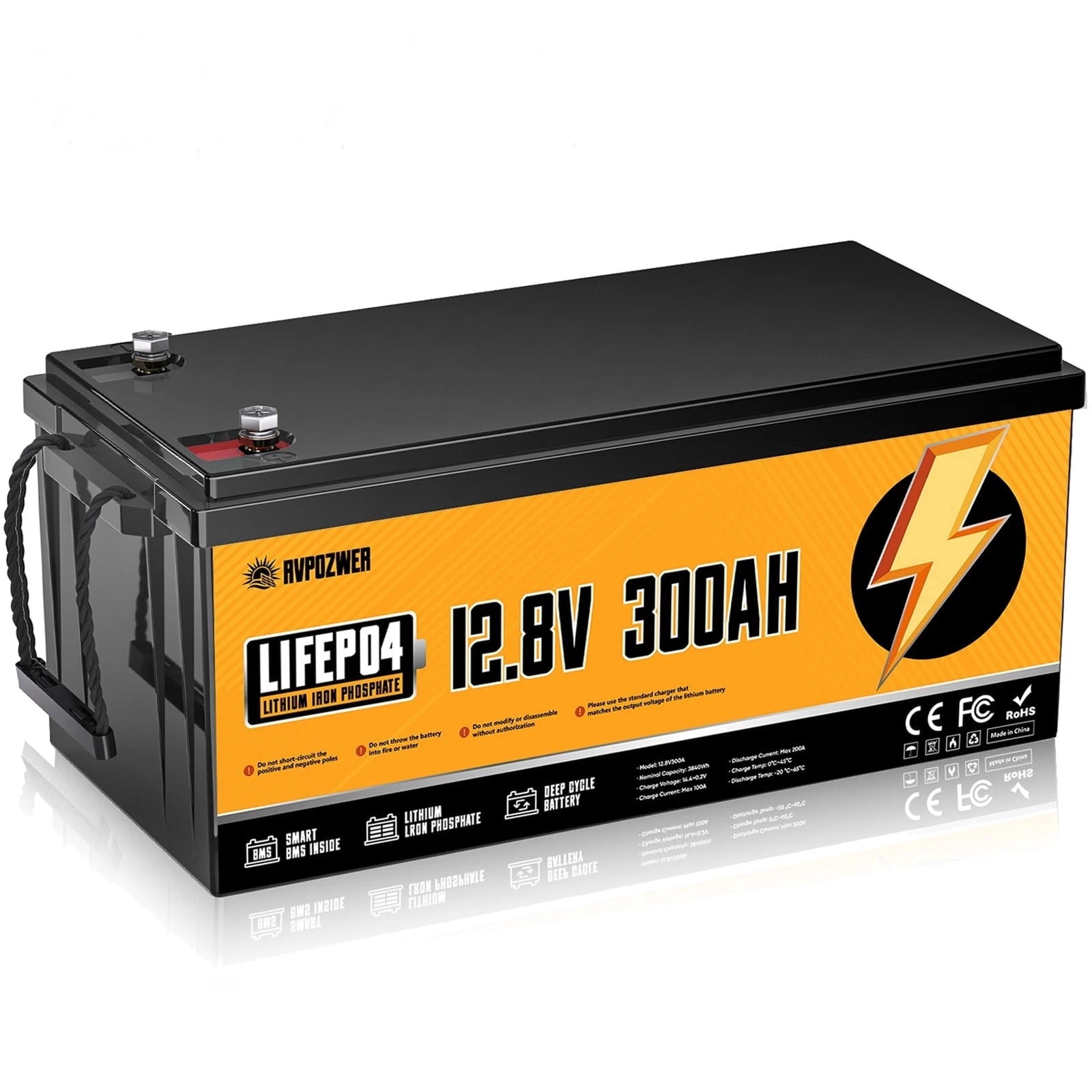 Rvpozwer 12V 300Ah LiFePO4 Battery, 200A BMS, 3840Wh with Low Temp Charging Protection, 15000+ Deep Cycles for RV, Solar, Marine and Off-Grid