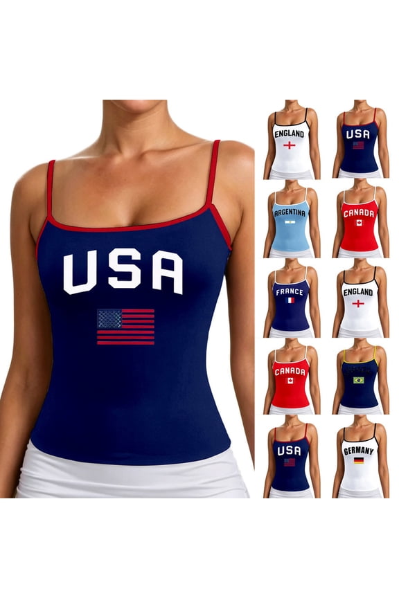 2026 USA Tank Top Women USA Soccer Shirt Spaghetti Strap Tank Top 4th of July Sleeveless Patriotic Printed Summer Vest Tops Basic T Shirts for Beach Daily Wear