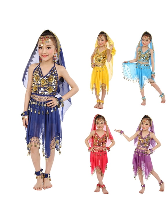 Belly Dance Outfit for Girls Kids Dancing Performence Suits Sequin Mesh Sets Trendy Outfit for Children Stage Show Party Wear 5-9 Years