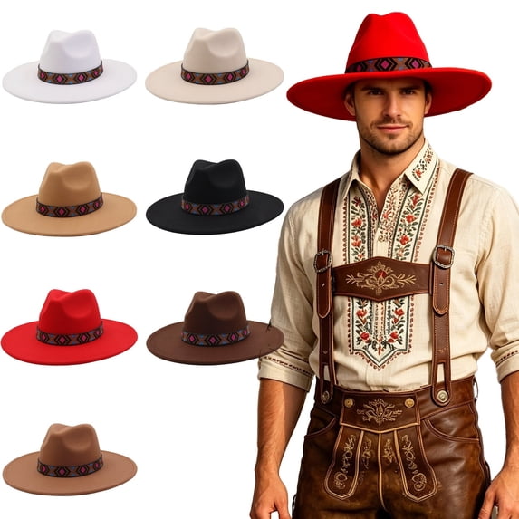 Rvusndi Cowboy Hat,Cowboy Hat Men Women Wide Brim Western Boho Jazz Hat Summer Beach Hat Lightweight Fedora Sun Hat for Vacation Beach Octoberfest