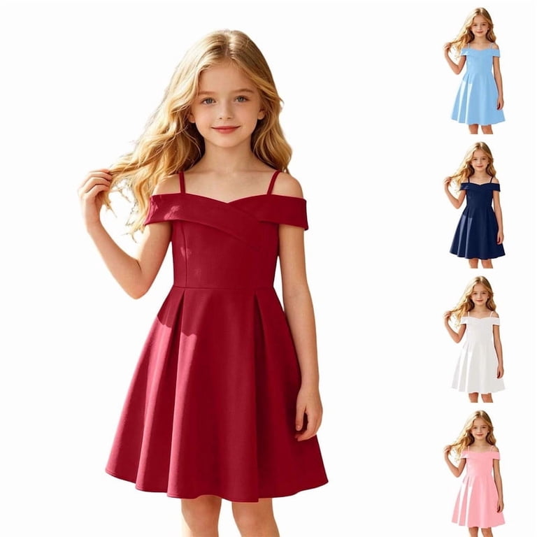 Rvusndi Flower Girl Dress Off Shoulder Dress Party Dress Solid Color A Line Summer Dresses Elegant Formal Evening Gown for Big Kids Wedding Graduation 