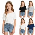thumbnail image 1 of Rvusndi Girls Off The Shoulder Tops Trendy Short Sleeve T Shirts Casual Teens Kids Soft Summer Tees Blouse Y2k Tops Daily Wear 10-11 Years, 1 of 5