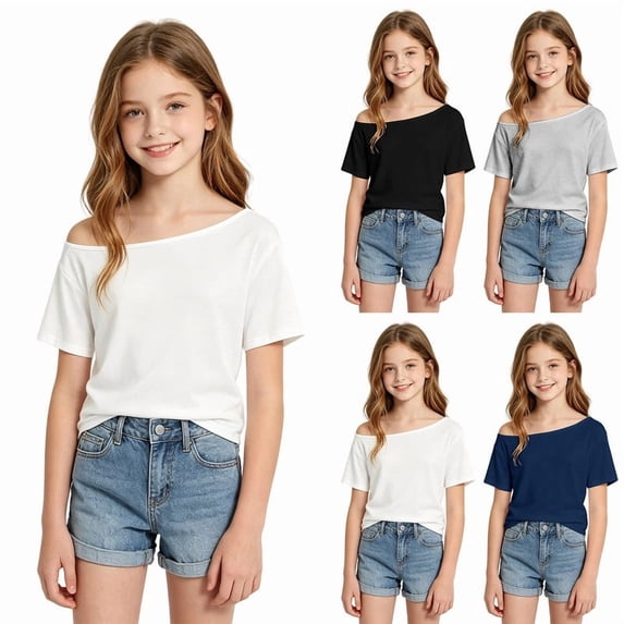 Rvusndi Girls Off The Shoulder Tops Trendy Short Sleeve T Shirts Casual Teens Kids Soft Summer Tees Blouse Y2k Tops Daily Wear 10-11 Years