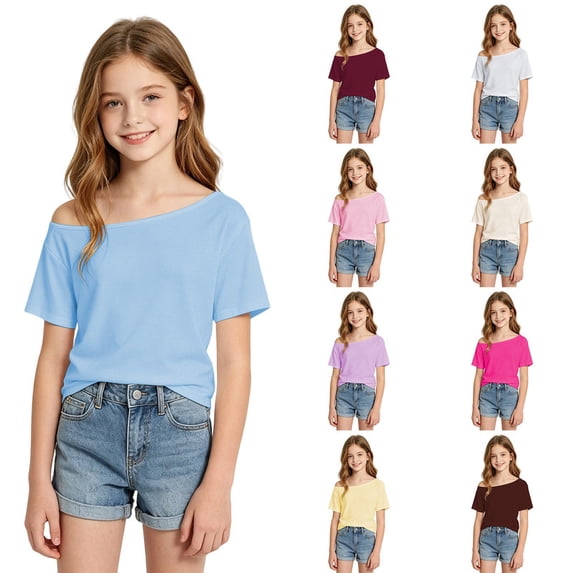 Rvusndi Girls Shirts Off the Shoulder Top Short Sleeve Y2k Tops Cute Summer Tops Solid Color Fashion Casual T Shirts for Kids Daily Everyday Wear