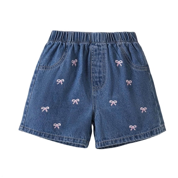 Rvusndi Jean Shorts for Girls Summer Loose Fit Casual Elastic Waist Denim Shorts with Bow Tie Print for Toddlers Kids Daily Outdoor Play Wear 8-9 Years