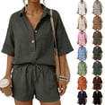 thumbnail image 1 of Rvusndi Summer Sets Linen Sets for Women 2 Piece Short Sleeve Shirt and Shorts Beach Outfits Casual Fashion Comfortable Solid Color Suits XXL, 1 of 7