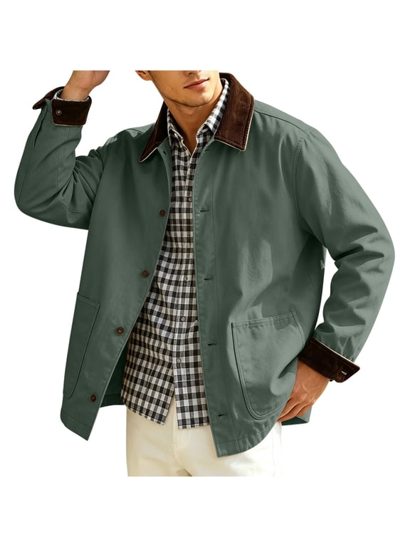 Barn Jacket for Men, Button Down Vintage Casual Work Jakcet with Patch Pockets, Spring Fall Outdoor Wear