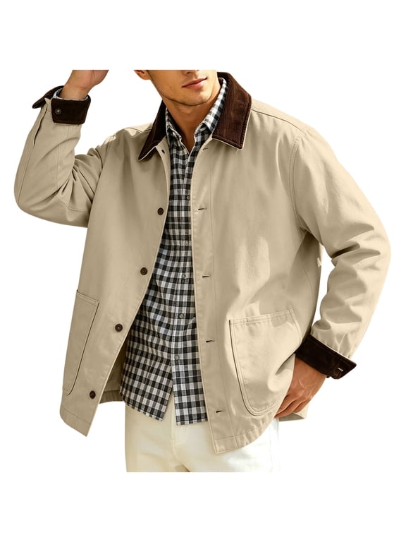 Barn Jacket for Men, Button Down Vintage Casual Work Jakcet with Patch Pockets, Spring Fall Outdoor Wear