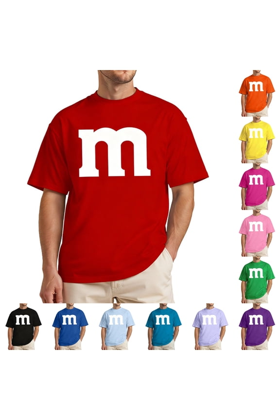 Letter M Costume T-Shirt for Men Funny Graphic Short Sleeve Tee for Adults and Team Matching