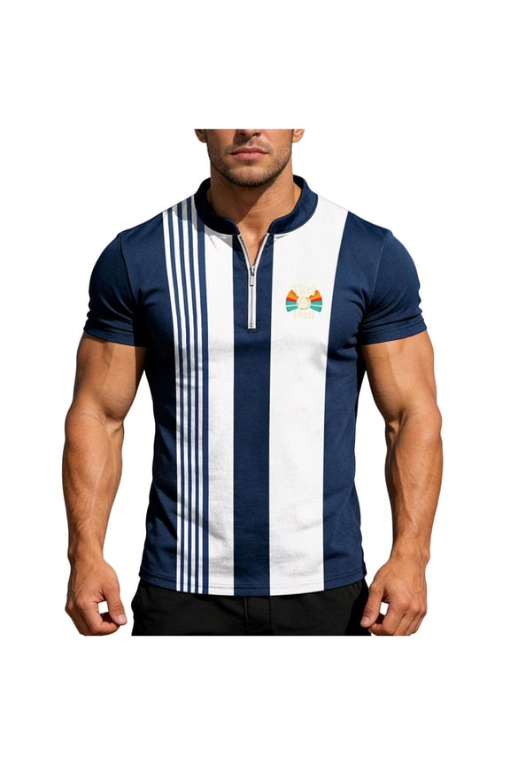 Men Casual Fashion Print Standing Collar Pullover T-Shirt Short Sleeve Blouse