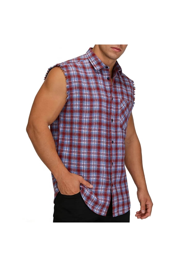 Men's Sleeveless Plaid Vest Shirt, Frayed Cut Edges Button Down Chest Pocket, Streetwear & Casual Wear