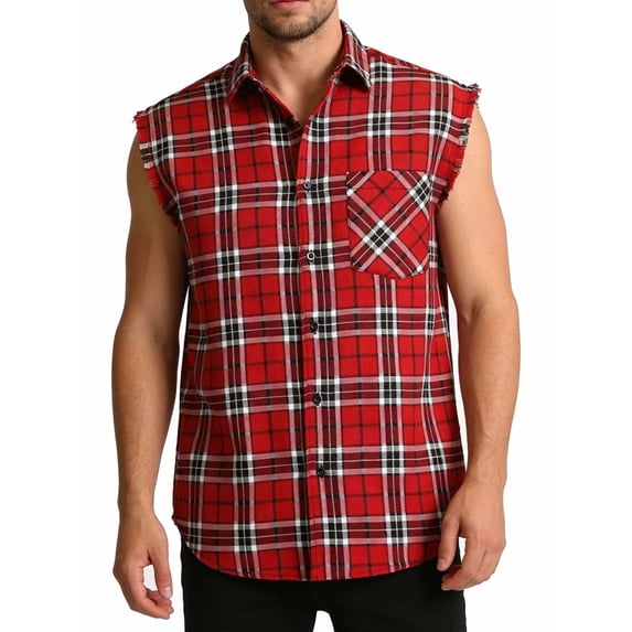 Rvwovn Men's Sleeveless Plaid Vest Shirt, Frayed Cut Edges Button Down Chest Pocket, Streetwear & Casual Wear