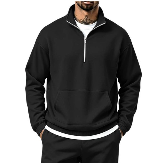 Rvwovn Men Loose Fit Quarter Zip Sweatshirt, Stand Collar Long Sleeve Front Pocket for Casual Fall Wear