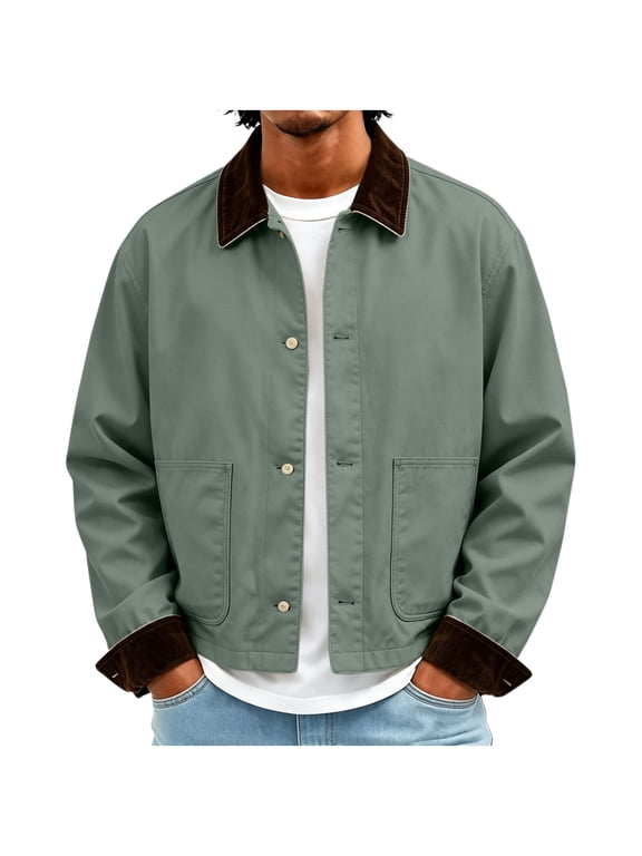 Men Short Barn Jacket, Button Down Vintage Casual Work Jakcet with Patch Pockets, Spring Fall Outdoor Wear