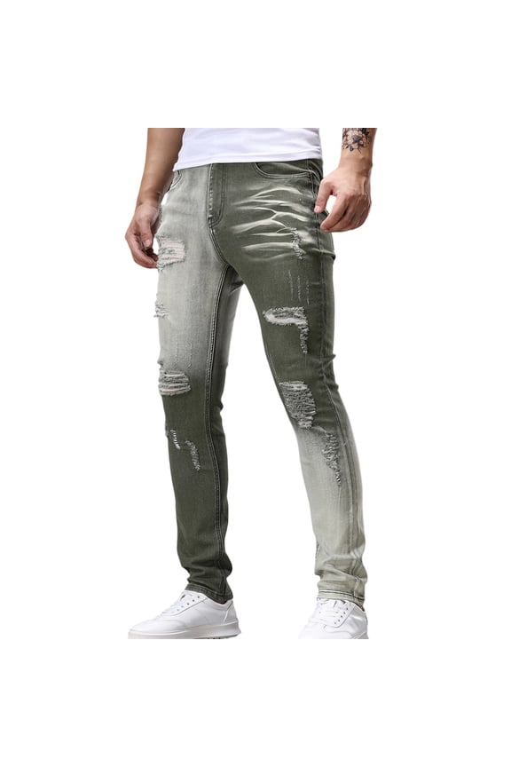 Men's Biker Color Block Straight Leg Jeans – Ripped & Distressed Frayed Denim Pants