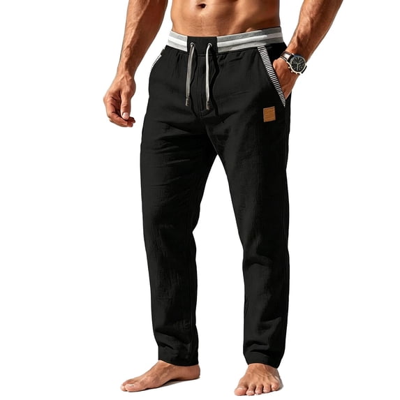 Rvwovn Men’s Breathable Casual Pants, Striped Waistband Drawstring Trousers for Summer Daily Wear