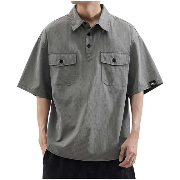 Rvwovn Men's Button Down Work Shirt - Loose Short Sleeve Vintage Style Two Pockets Tee for Casual Wear