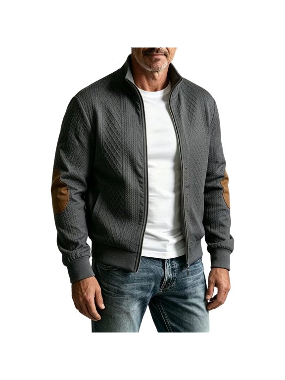 Men's Cable Knit Zip Jacket with Faux Suede Elbow Patches, Classic Varsity Bomber Coat