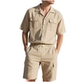 thumbnail image 1 of Rvwovn Men's Casual 2-Piece Outfit Button Down Shirt with Cargo Pockets & Drawstring Cargo Shorts, 1 of 7