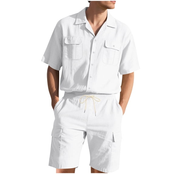 Rvwovn Men's Casual 2-Piece Outfit Button Down Shirt with Cargo Pockets & Drawstring Cargo Shorts
