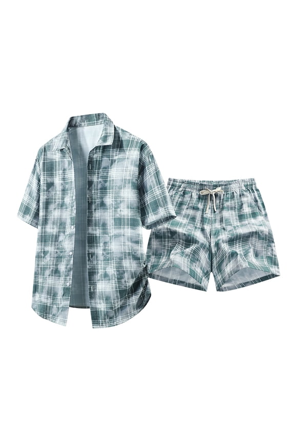 Men's Casual 2-Piece Set, Soft Plaid Button Down Shirt & Shorts for All-Day Comfort