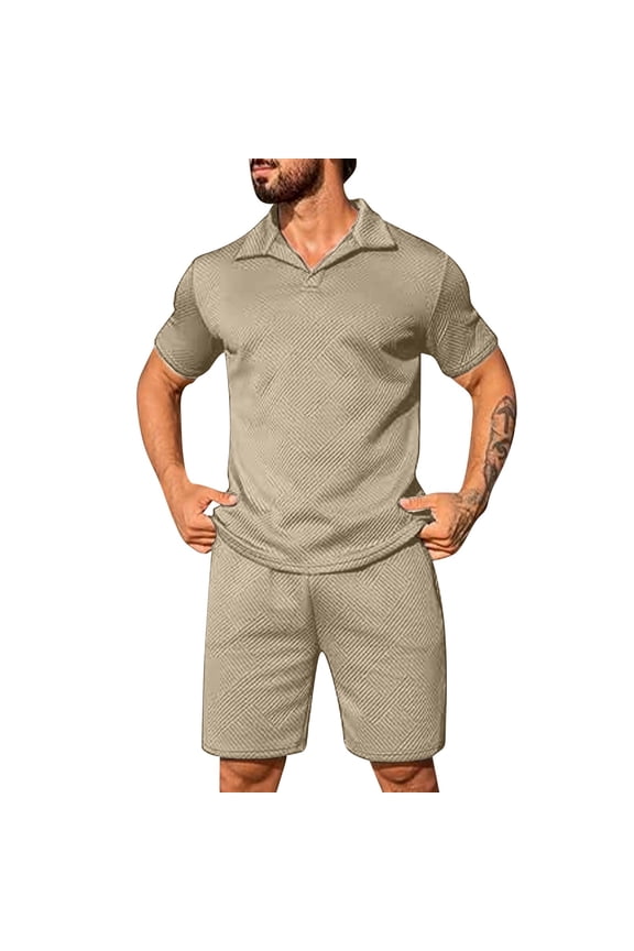 Men's Casual Matching 2 Piece Set – Textured Lightweight Short Sleeve Shirt & Shorts Outfit