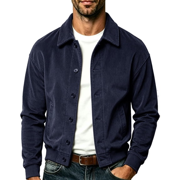 Rvwovn Men's Classic Corduroy Jacket - Button Dwon Casual Collared Bomber Coat with Ribbed Cuffs