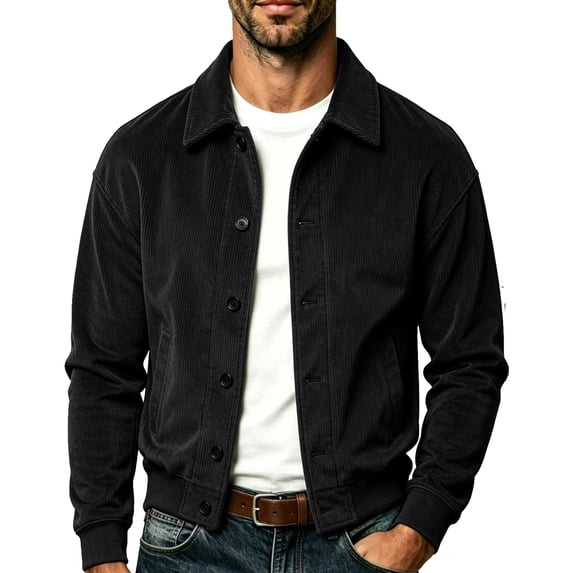 Rvwovn Men's Classic Corduroy Jacket - Button Dwon Casual Collared Bomber Coat with Ribbed Cuffs