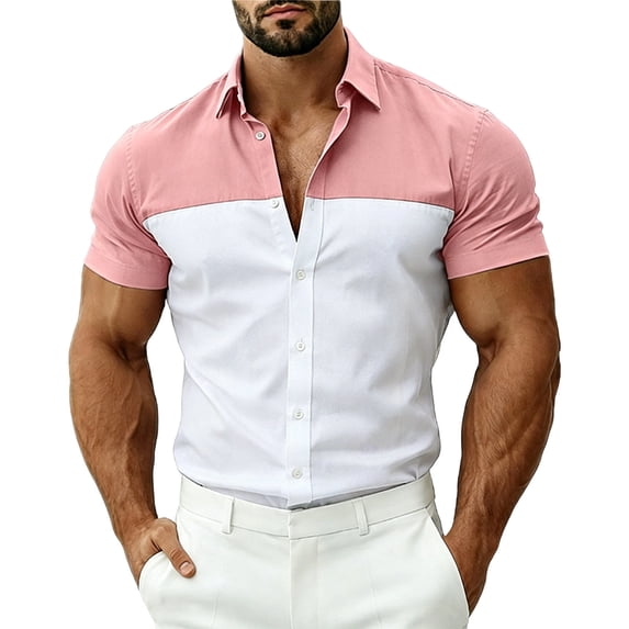 Rvwovn Men's Color Block Button Down Shirt – Short Sleeve Split Panel Casual Dress Shirt