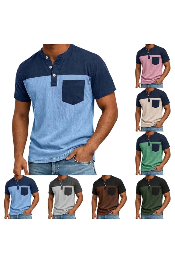 Men’s Color Block Short Sleeve Henley Shirt, Casual Comfort-Fit Everyday Tee with Chest Pocket