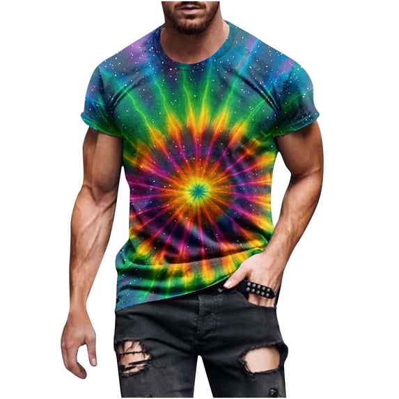 Rvwovn Men's Colorful Tie-Dye Crewneck T-Shirt, Loose Fit Outdoor Daily Tee with Multi Colors