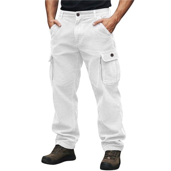 Rvwovn Men's Corduroy Comfy Pants, Cargo Pockets Wide-Leg Relaxed Fit Pants for Outdoor Hiking