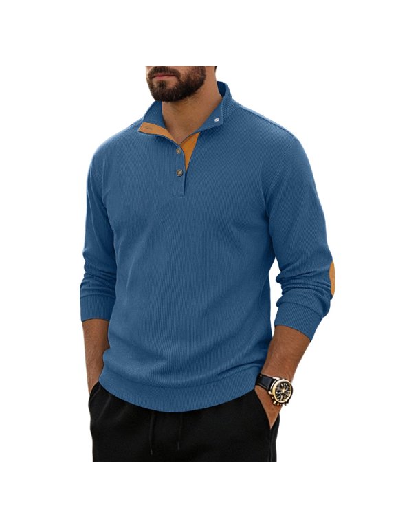 Men's Corduroy Long Sleeve Henley Shirt Contrast Collar Elbow Patch Pullover Top Fall Wear