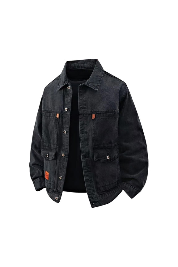Men's Denim Jacket Multi-Pockets Leather Patch Vintage Washed Jean Jacket Workwear