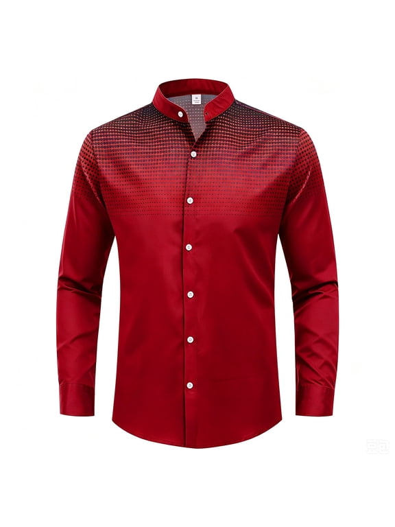 Men's Dots Print Dress Shirt Mandarin Collar Button Down Long Sleeve Casual Business Top