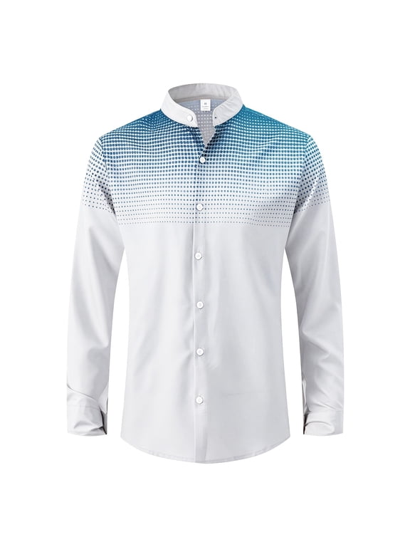 Men's Dots Print Dress Shirt Mandarin Collar Button Down Long Sleeve Casual Business Top