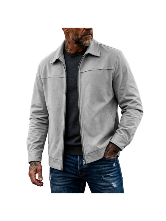 Men's Faux Leather Jacket Collar Zip Up Long Sleeve Casual Trucker Jacket with Side Pockets