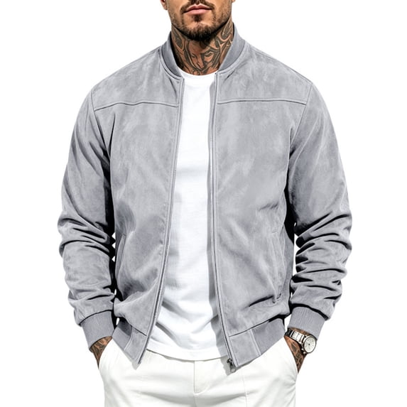 Rvwovn Men's Faux Suede Bomber Jacket Full Zip Stand Collar Casual Fall Winter Outerwear with Pockets
