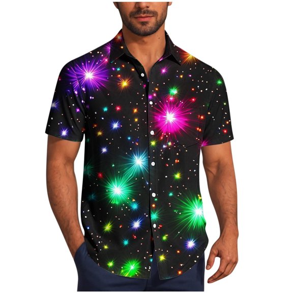 Rvwovn Men's Fireworks Graphic Shirt - Short Sleeve Button Down Tops for Beach, Holiday and Casual