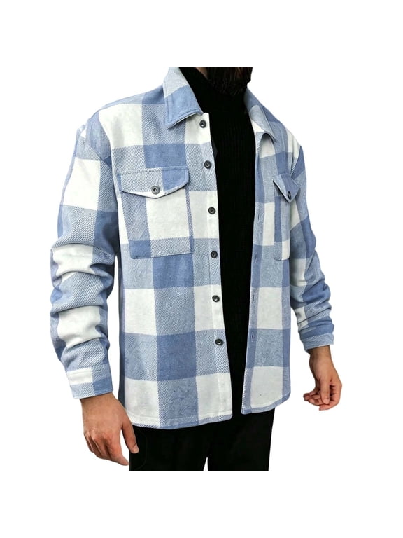 Men's Flannel Shirt Jacket Plaid Wool Blend Flap Pockets Casual Button-Up Shacket