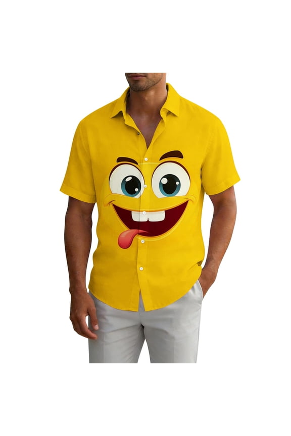 Men's Funny Cartoon Face Button Down Shirt, Novelty Summer Holiday Party Tee