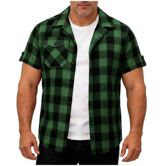 Rvwovn Men's Gingham Button Down Shirt - Casual Short Sleeve Summer Collared Top with Chest Pocket