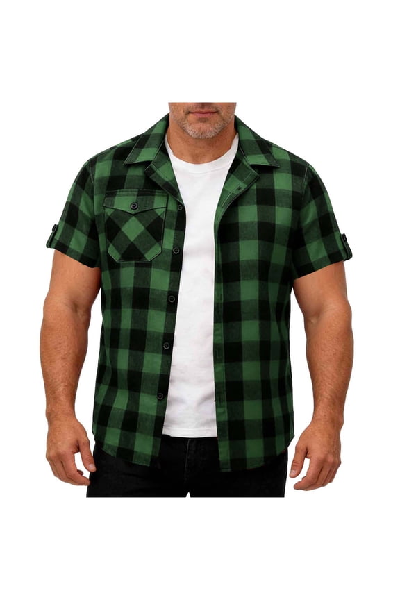 Men's Gingham Button Down Shirt - Casual Short Sleeve Summer Collared Top with Chest Pocket