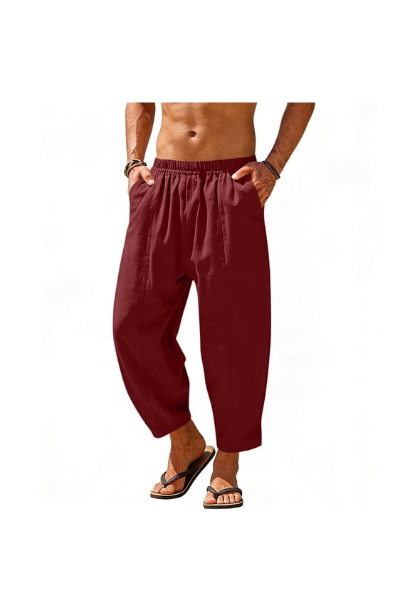 Men's Harem Capri Pants, Lightweight Loose-Fit Slacks for Hippie Beach Casual Wear