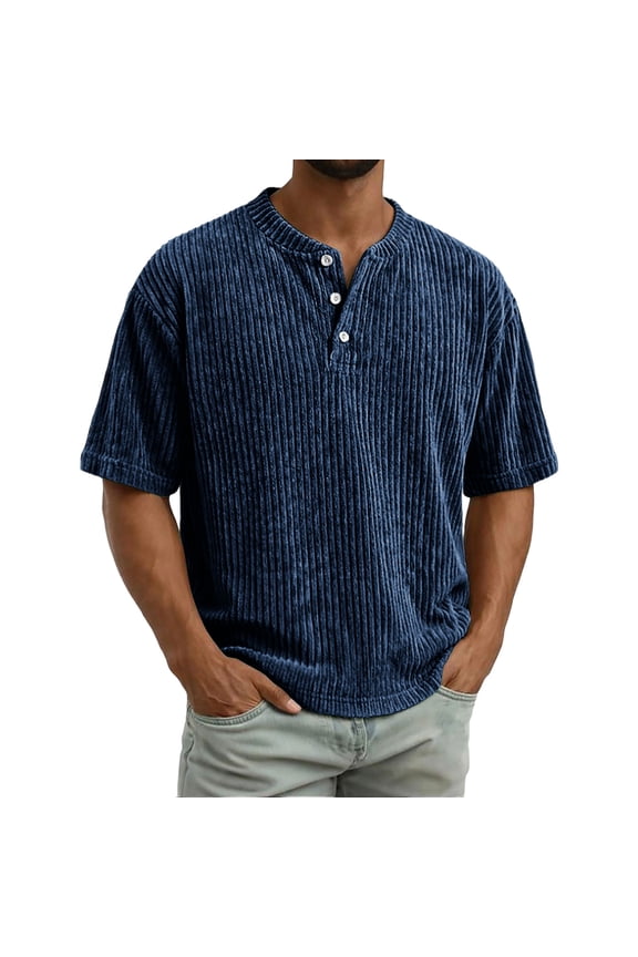 Men's Henley T-Shirt Short Sleeve Ribbed Knit Casual Button Stretch Comfy Tee Daily Tops