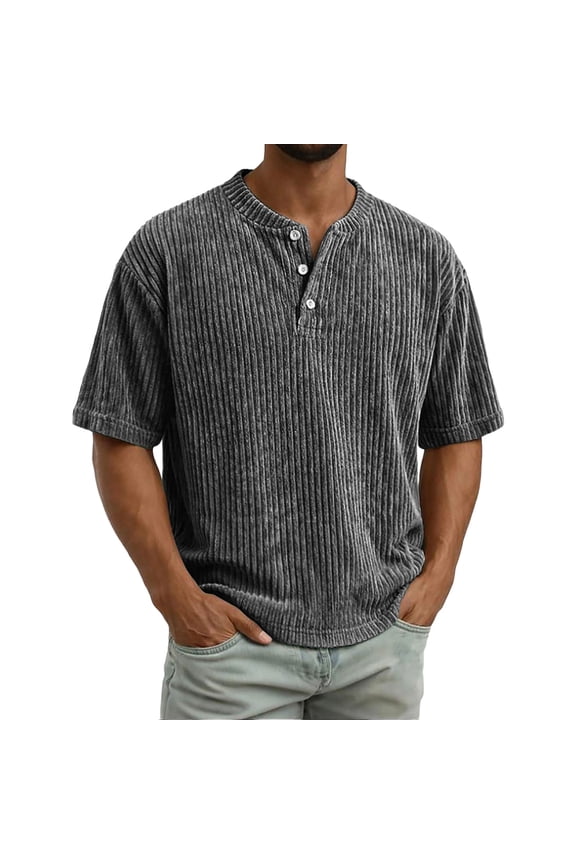 Men's Henley T-Shirt Short Sleeve Ribbed Knit Casual Button Stretch Comfy Tee Daily Tops