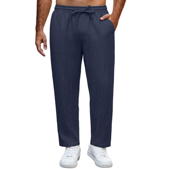 Rvwovn Men's Lightweight Breathable Cotton Blend Pants, Elastic Drawstring Waist Straight Leg Casual Trousers